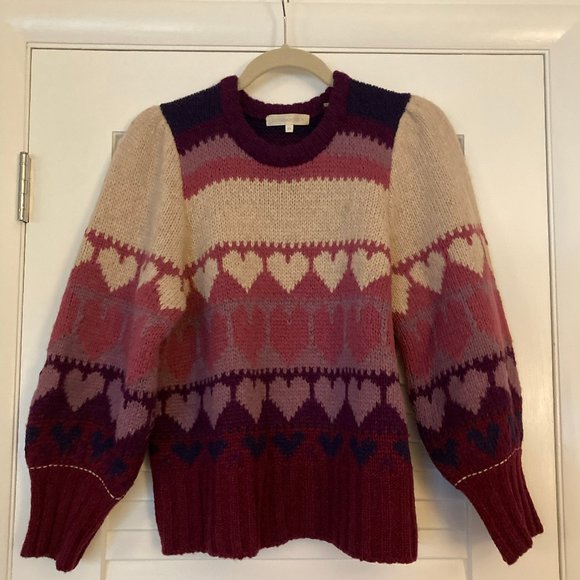 LoveShackFancy Prune/Multicolor Shirelle Heart Balloon-Sleeve Pullover Sweater - Picture 5 of 12